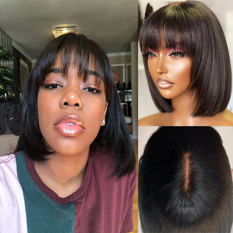 Short Bob Human Hair Wigs With Bangs Straight Short Full Machine Lace Scalp Glueless Straight Bob Wig With Bangs Bob Wig For