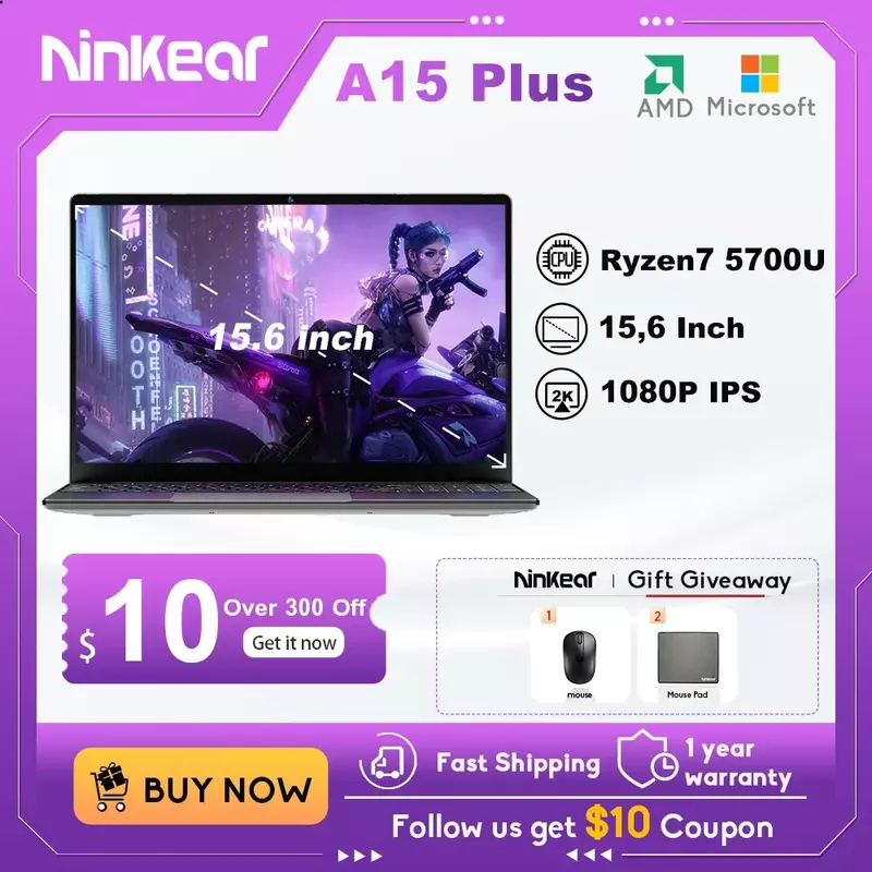 Ninkear-A15 Plus Laptop com bateria de longa duração, 15,6 pol, FHD, IPS, 32GB DDR4, 1TB, AMD Ryzen 7 5700U, Notebook PCIE, 5000mAh