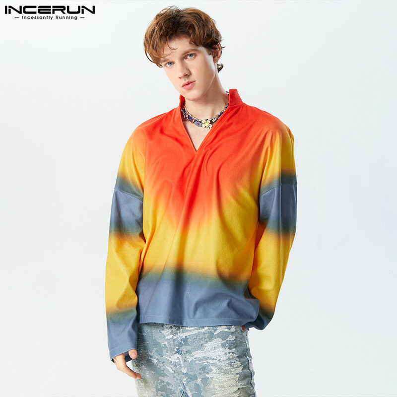 INCERUN Tops 2024 Handsome Men's Stylish V-neck Plush Colorful Pattern Sweater Leisure Male Hot Sale Long Sleeved Pullover S-5XL