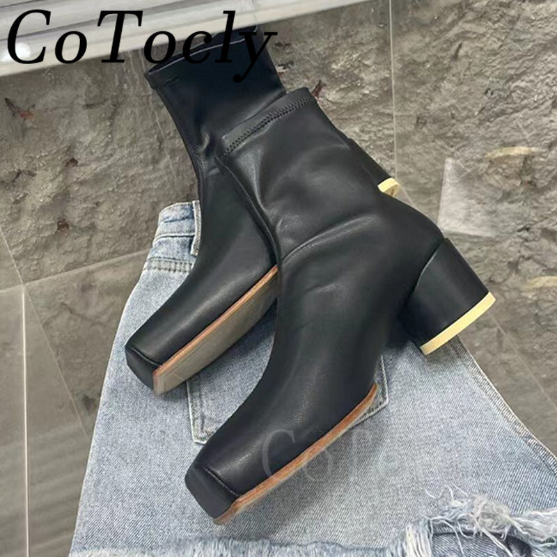 Winter Ankle Boots Women Square Toe Stretch Slip On Roman Shoes Ladies Chunky High Heel Autumn Chelsea Fashion Punk Boots Women