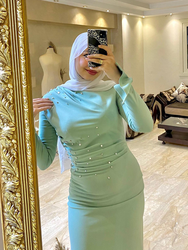 Jirocum Mermaid Muslim Prom Dress Women's Long Sleeve Party Evening Gown Round Neck Ankle Satin 2024 New Formal Occasion Dresses