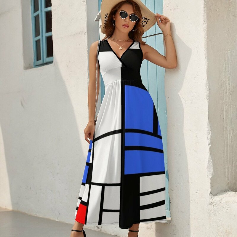 Modrian 영감을 받은 민소매 드레스, 레드, 블루, 옐로우, 여름 여성 드레스, 2023