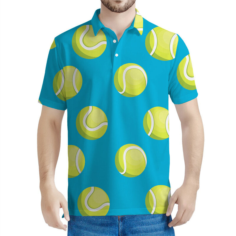 Футболка-поло мужская оверсайз с принтом, теннисная майка с рисунком ракетки, теннисная майка с короткими рукавами, Повседневная рубашка на пуговицах, лето