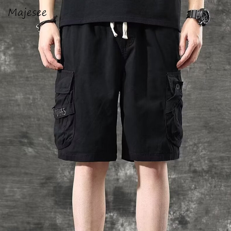 Wide Leg Cargo Shorts Men Mid Waist Drawstring Pockets Solid Loose Sporty Japanese Style Harajuku Knee Length Fitness Outdoor
