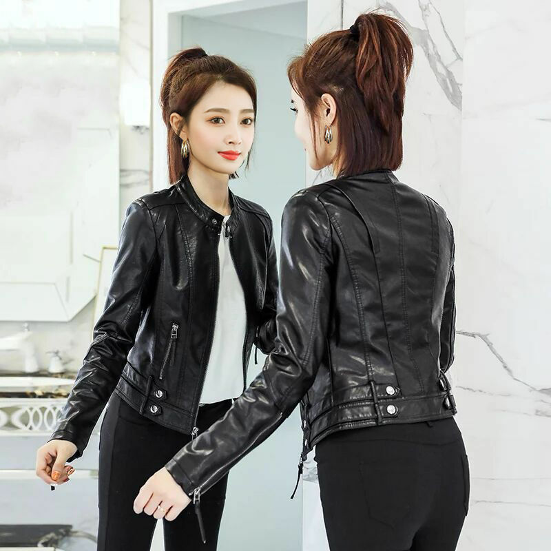 Women's motorcycle leather jacket, high collar fitted, short personality, women's wear, spring and Autumn