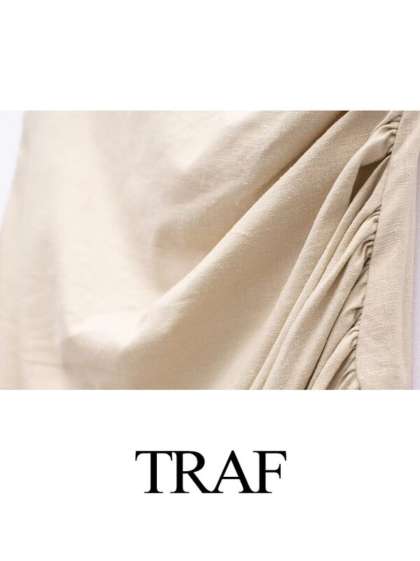 Traf-女性のエレガントな単色サスペンダードレス、バックレス、ノースリーブ、分割、カジュアルファッション、オールマッチドレス、夏、2024