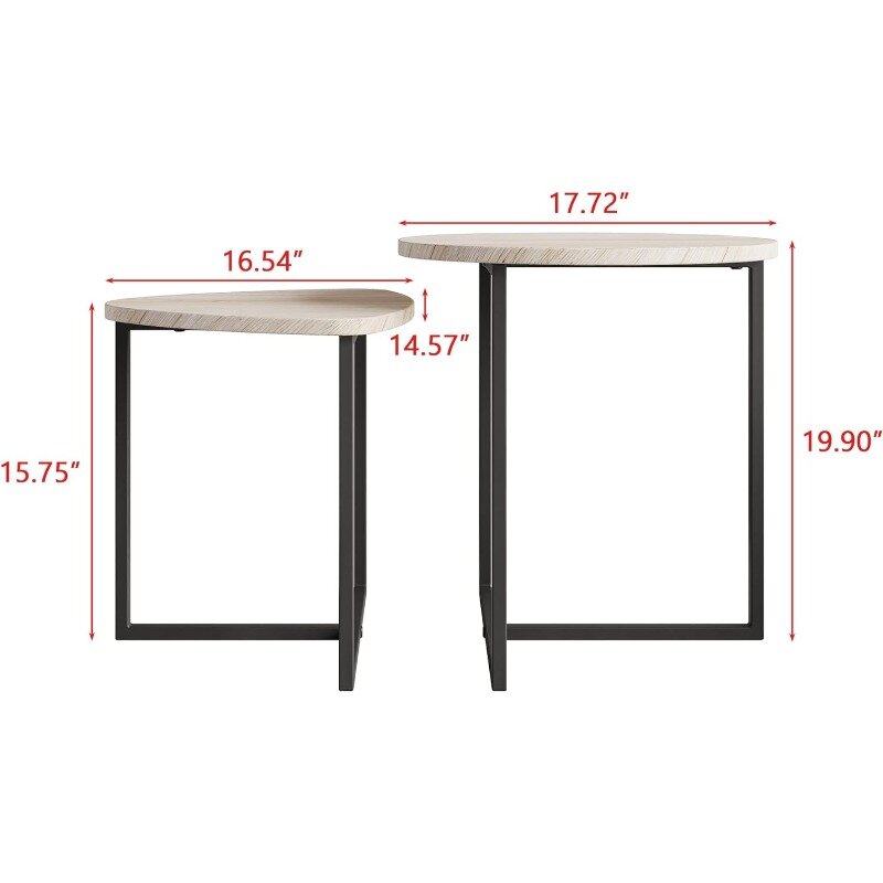 Set meja kopi bundar 2 meja ujung, untuk ruang tamu, meja tamu meja kopi kecil warna hitam, bingkai logam & tampilan kayu
