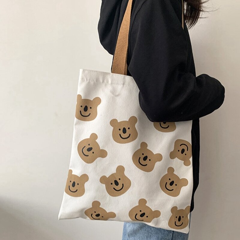 여성용 캔버스 토트백, 귀여운 곰 프린트 숄더백, 여학생 패션