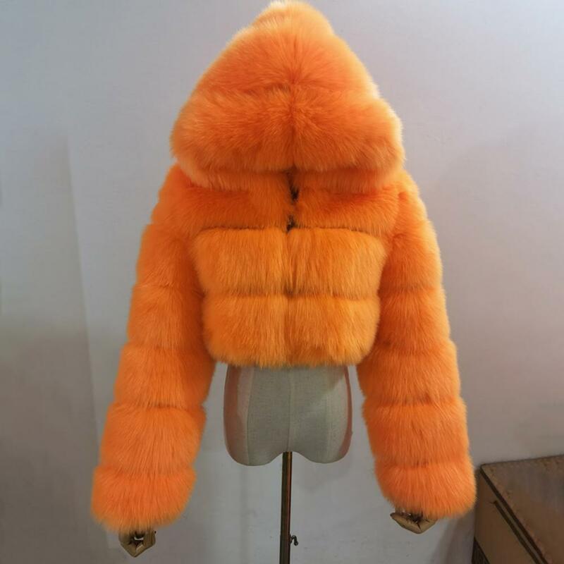 Casaco de pele sintética para mulheres, jaqueta de inverno quente, pelúcia aconchegante, manga comprida fofa, jaqueta senhora com capuz