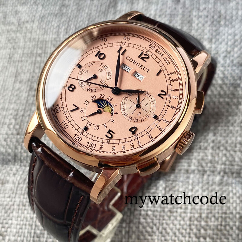 Corgeut-Reloj de pulsera automático multifuncional para hombre, pulsera de cuero con pantalla de fecha, semana y año, 42mm, color rosa, azul, blanco y negro pulido