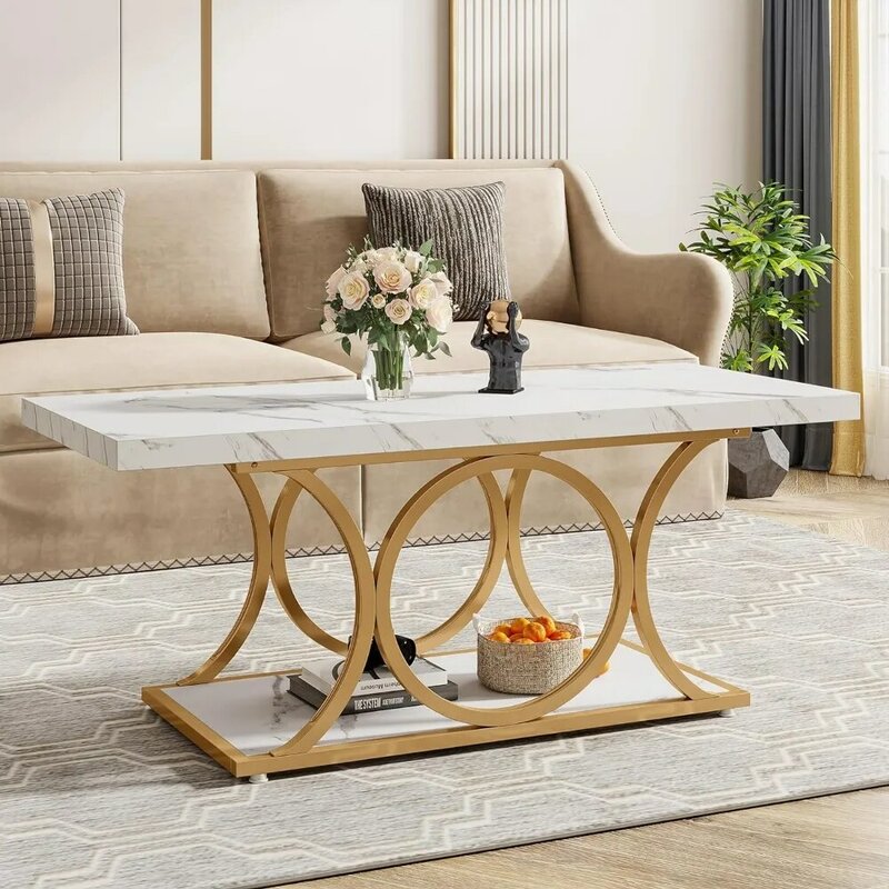 Прямоугольный журнальный столик 47,24 дюйма, искусственный кофейный столик для гостиной, домашняя мебель с полкой для хранения (белый и золотой), столовая