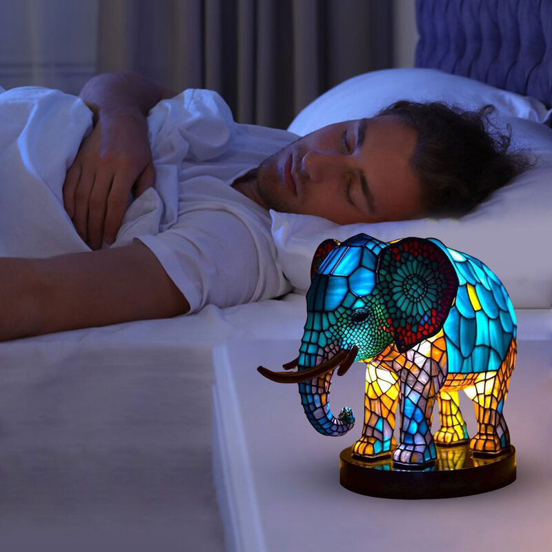 3D Stained Glass Table Lamp Resin Animal Shape Night Light Elephant Wolf Dragon Desktop Ornaments Bedroom Atmosphere Light