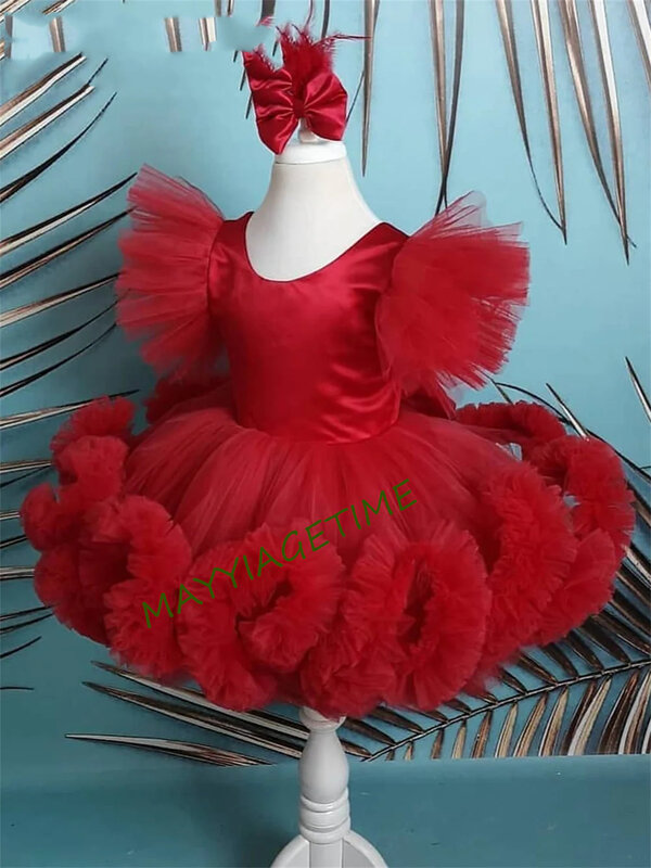 Vestido de flor vermelha com mangas puff, Vestido de casamento princesa, Vestido de primeira comunhão para meninas