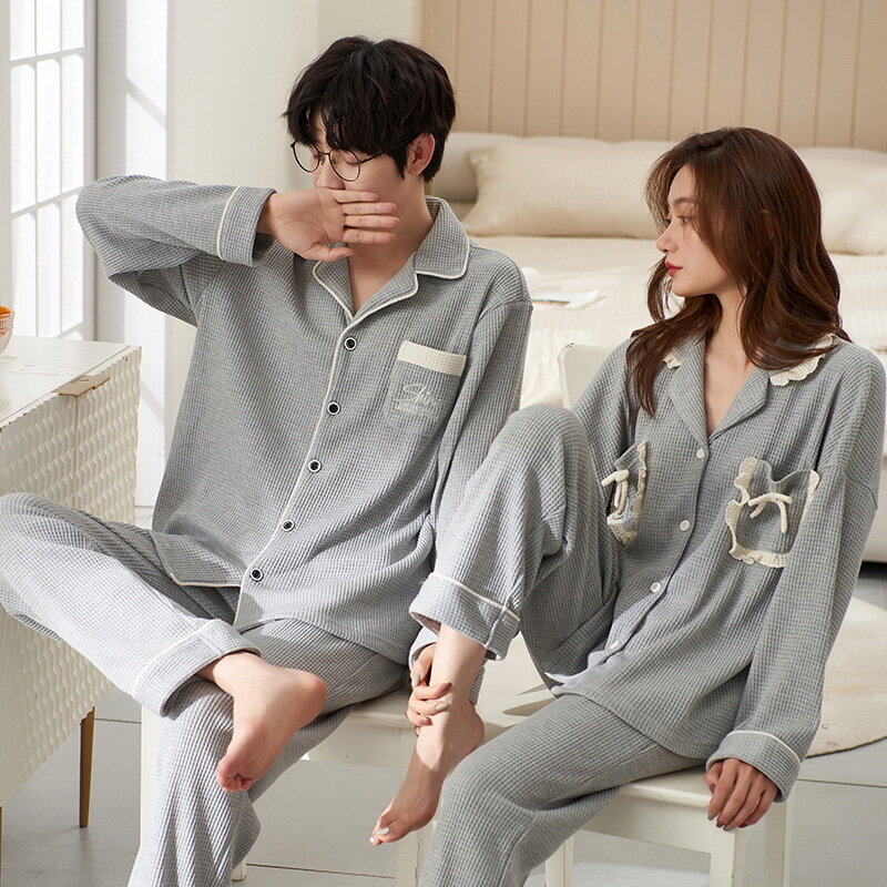 Ropa de dormir de algodón para hombre y mujer, conjunto de pijama de cárdigan coreano, Tops de dormir largos, pantalones, ropa de dormir para pareja