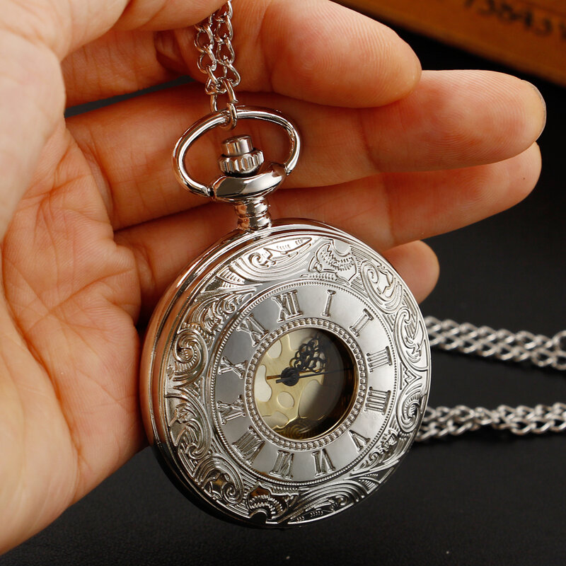 Argento/bronzo/nero numeri romani orologio da tasca al quarzo Steampunk uomo donna custodia vuota ciondolo Vintage con catena regali