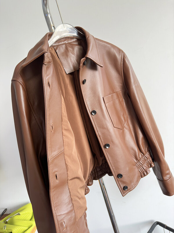 Koreański, jesienny moda damska wysokiej marka jakości nowe designerskie kurtki z prawdziwej skóry krótki płaszcz F247