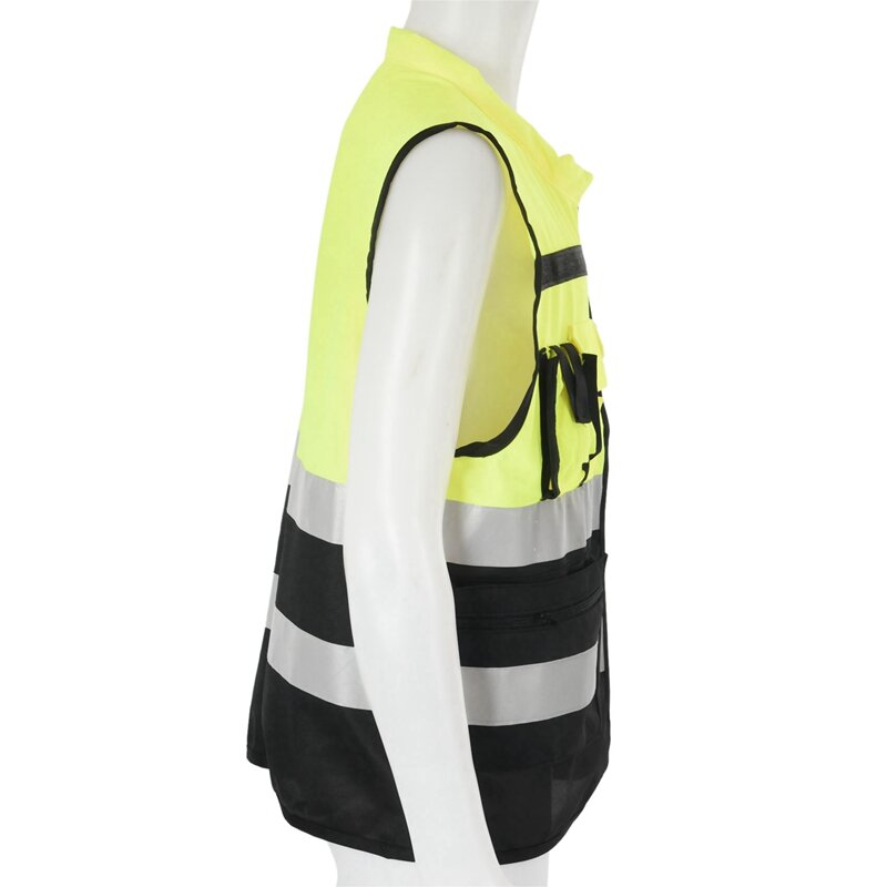 Baru-7 kantong kelas 2 visibilitas tinggi ritsleting depan keselamatan rompi kuning dengan strip reflektif