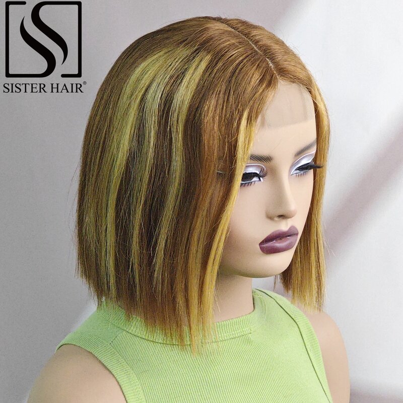 Peruka z ludzkich włosów w kolorze P4-27 180% gęstości peruka z prostymi bobami 2x6 koronkowa peruka w prostym kolorze z przedplecionymi brazylijskimi perukami