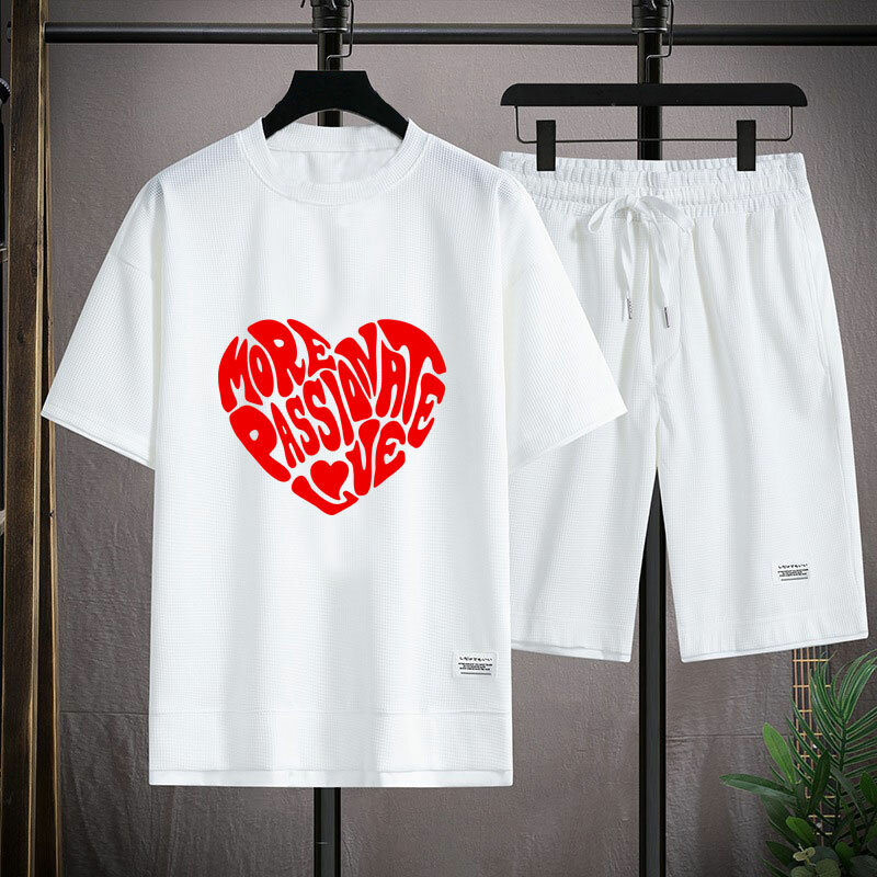 New Men's Two Piece Sets MORE PASSIONATE LOVE T-Shirt And Shorts Summer High-Quality Mens Sports Suit Harajuku Casual Tracksuit