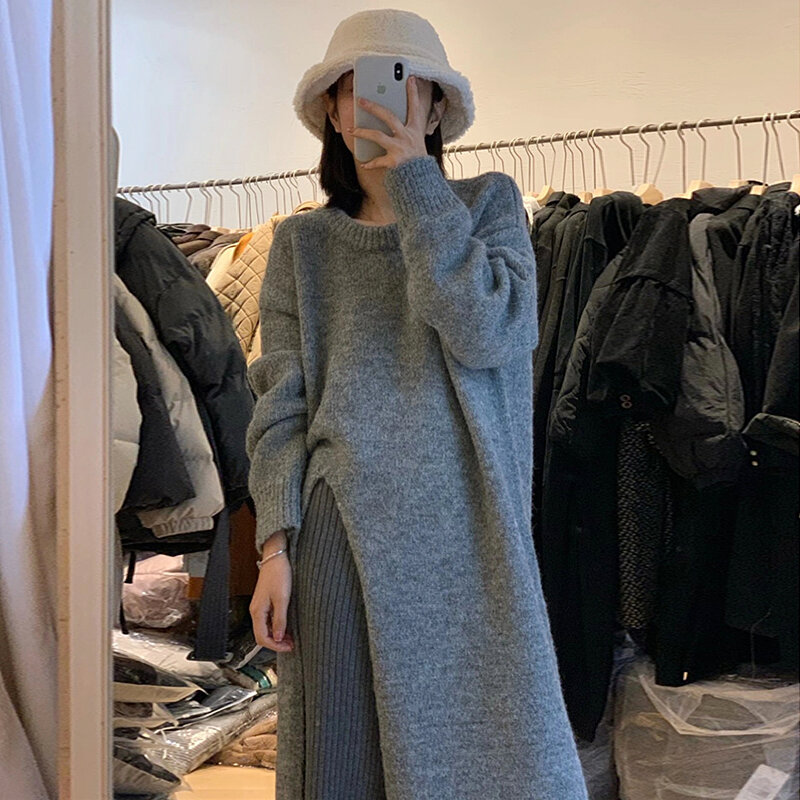Gaun Sweter Rajutan Musim Gugur Split Elegan Korea Gaun Midi Vintage Leher-o Wanita Gaun Pesta Longgar Warna Polos Lurus M520