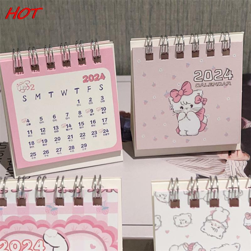 2024 Cartoon Pink Cat Desk Calendar Mini Cute Standing Flip Desktop Calendar Small Daily Planning Monthly Calendar For Home