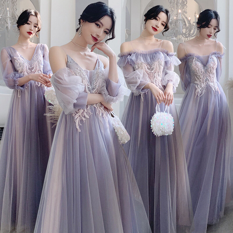 Nowe fioletowe sukienki druhny siostrzane grupy z długim rękawem eleganckie tiulowe sukienka trapezowa suknia wieczorowa formalne wieczorowe przedsionki