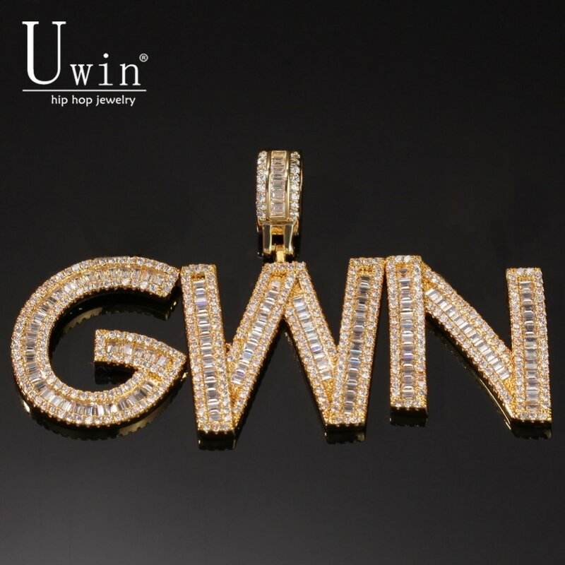 Uwin Cutsom Baguette Letters Name Necklace & Pendant Bling Bling Full Iced Out Luxury Zirconia Tennis Chain HipHop Jewelry