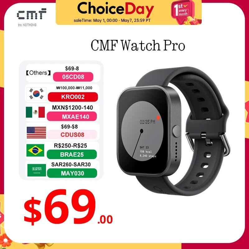 Global Version CMF by Nothing Watch Pro 1.96" AMOLED Bluetooth 5.3 BT Calls with AI Noise Reduction GPS Smartwatch CMF watch Pro