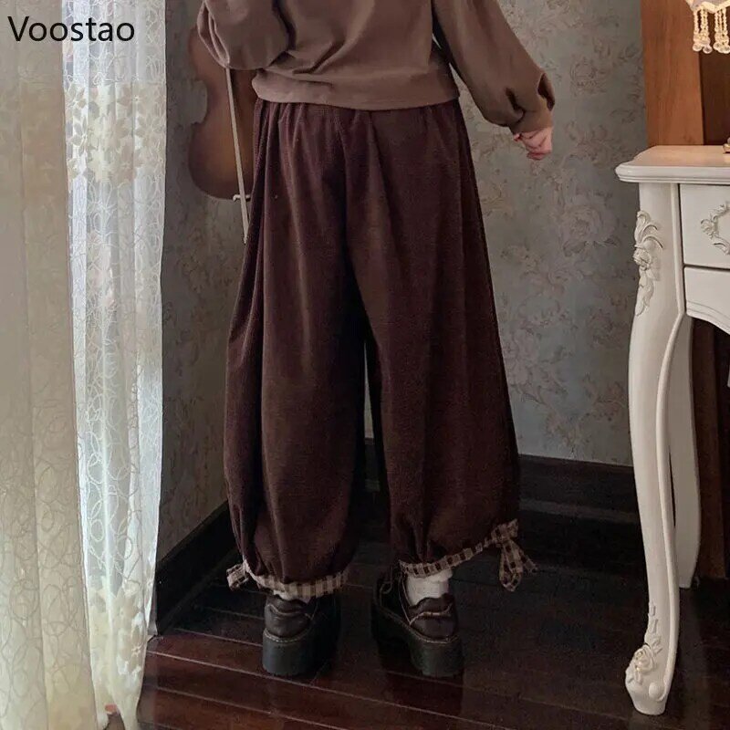 Pantaloni Casual a gamba larga in velluto a coste giapponese dolce fiore donna pantaloni larghi Vintage carini ragazze Harajuku pantaloni della tuta Kawaii Bloomers