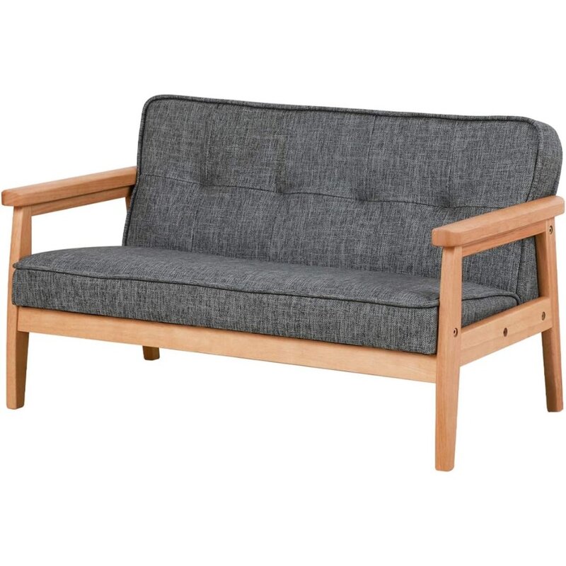 Sofá de doble asiento para niños, sillón con brazo de madera maciza y patrón de lino, PVC para descansar, gris oscuro