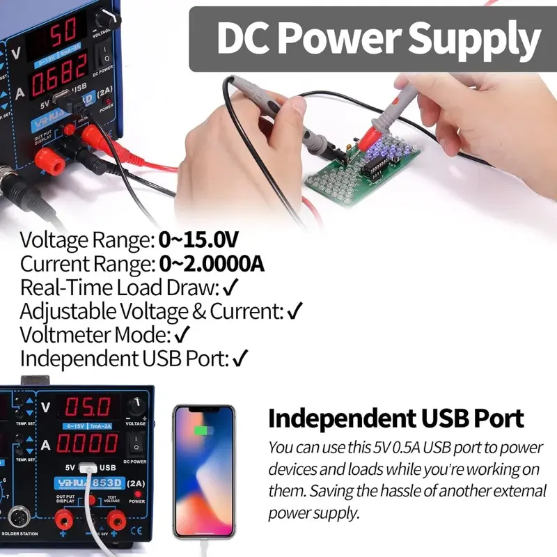 Stacja lutownicza przeróbka na gorące powietrze 2A USB SMD, zasilacz prądu stałego 0-15V 0-2A, 5 V Port ładowania USB 35 V miernik testowy napięcie prądu stałego