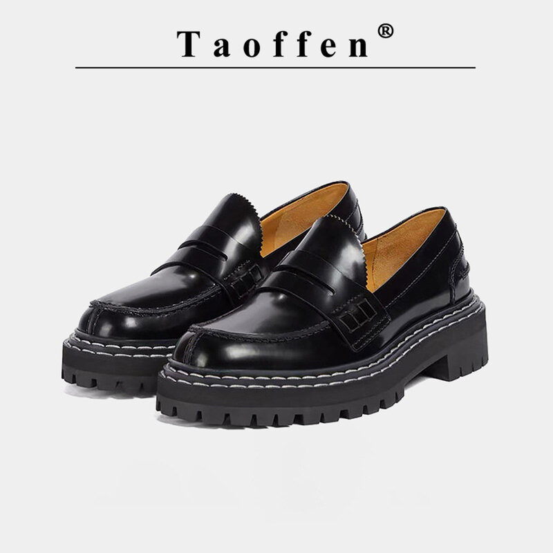 Taoffen-Mocassins de couro genuíno para mulheres, sapatos casuais sólidos, sola grossa, salto quadrado, bombas de fivela de metal, maduro, dedo do pé redondo, escritório