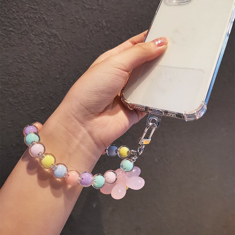 Phone Anti-lost Lanyard Key Short Wrist Pendant Colorful Macaron Round Bead Pendant Women's Hand-held Chain Mobile Phone Lanyard