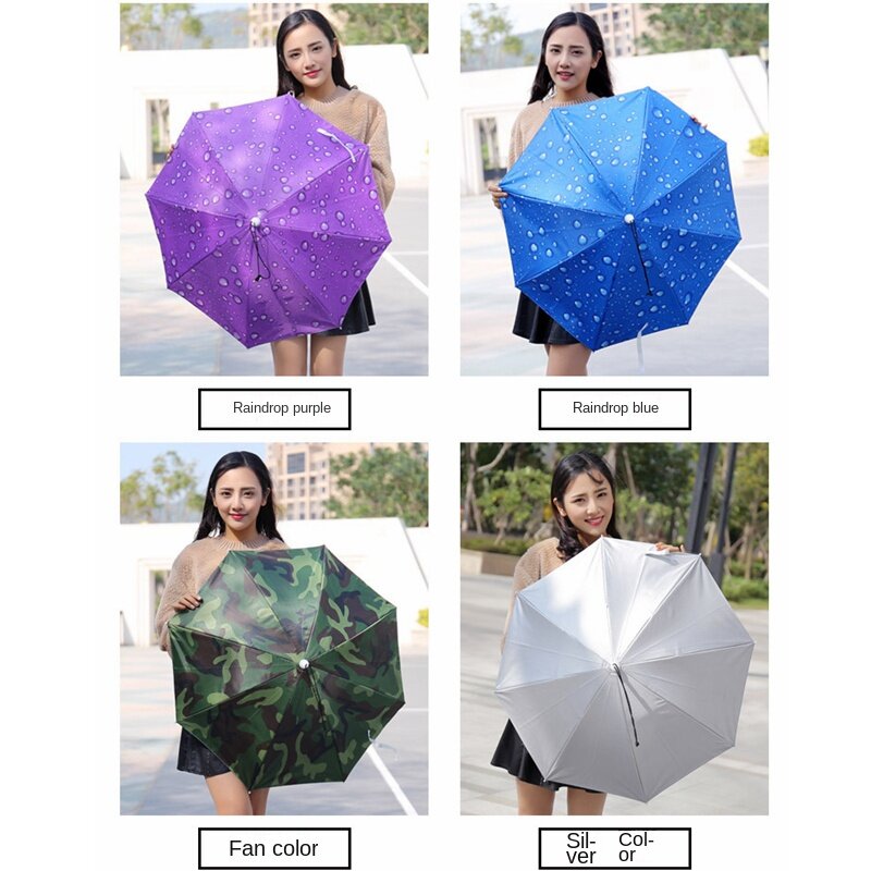 Sombrero de paraguas plegable de doble capa a prueba de viento y lluvia, sombrero de pesca montado en la cabeza, protección solar al aire libre, arroz colgante