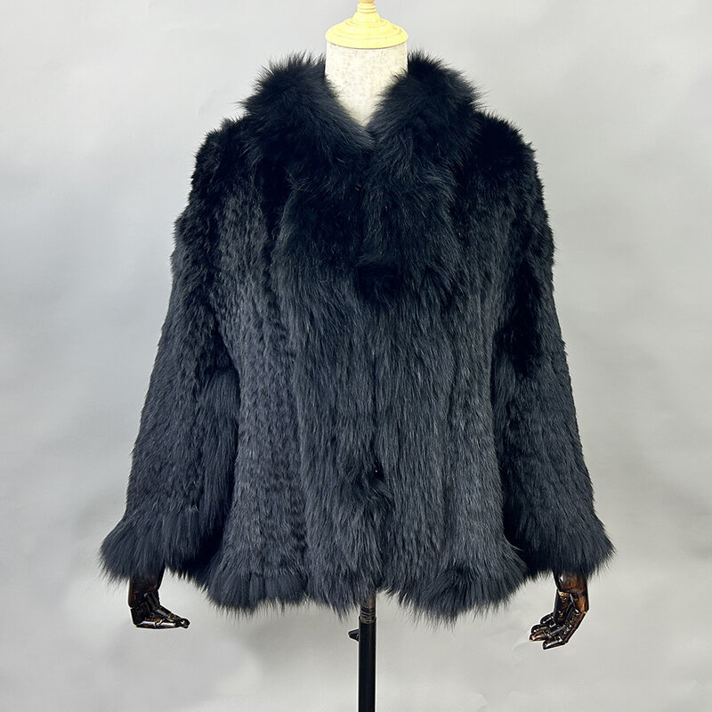 女性のための自然なウサギの毛皮のケープ,本物の毛皮のコート,キツネの毛皮の襟,ファッショナブルなニットのジャケット,ケープ,新しい