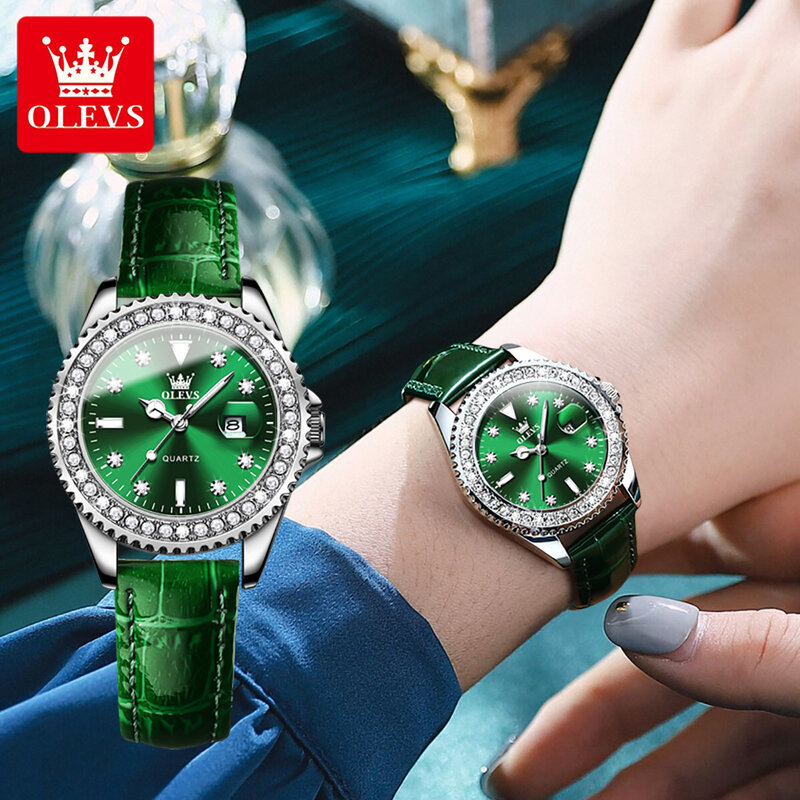 OLEVS 여성용 럭셔리 다이아몬드 쿼츠 시계, 녹색 가죽, 방수 야광 캘린더 시계, 여성 패션, 신제품