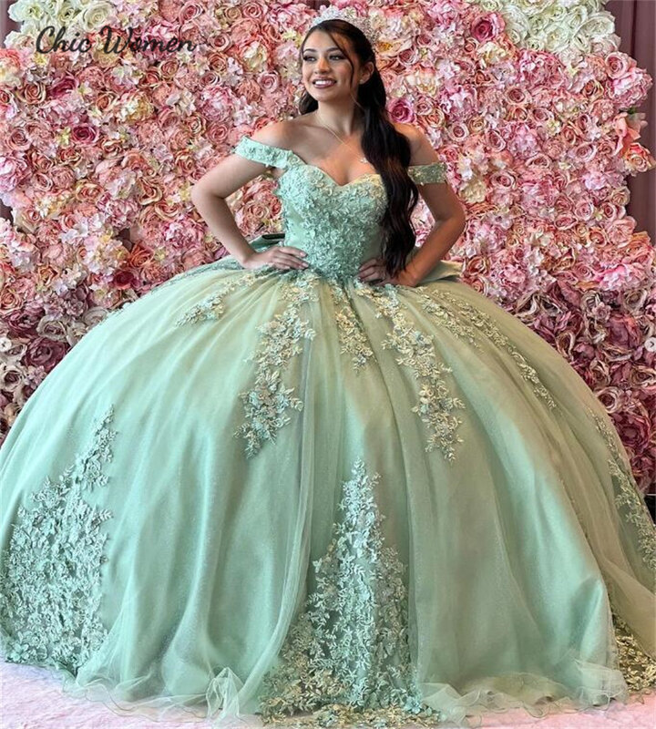 Księżniczka szałwia zielona Quinceanera sukienki bez ramion puszyste aplikacje Vestidos de 15 Anos Quinceaneras koronkowy gorset urodziny