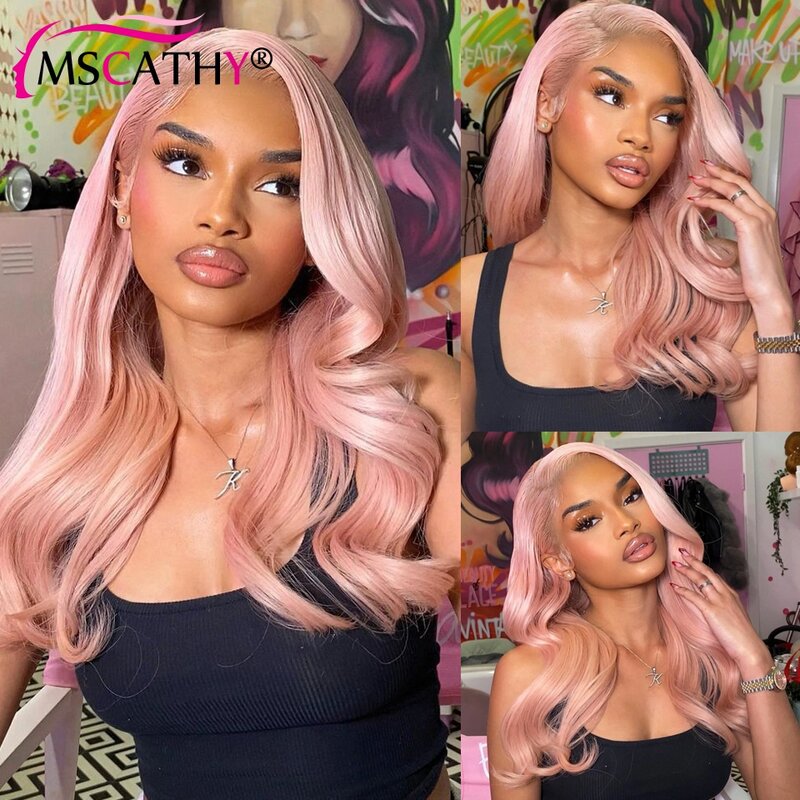 Peruca de cabelo humano virgem brasileira para mulheres, peruca frontal de renda transparente HD, pré-arrancada, rosa claro, perucas de onda corporal solta