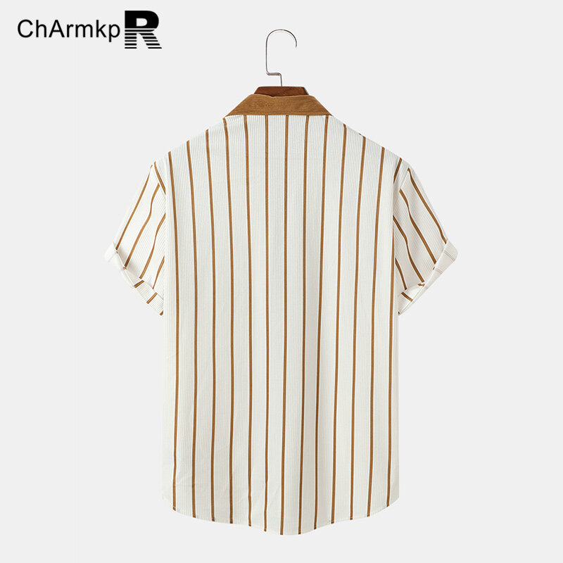 ChArmkpR 2024 남성용 셔츠, 반팔 상의, 줄무늬 셔츠, 남성 의류, 티 스트리트웨어, 패치워크 패션, 여름