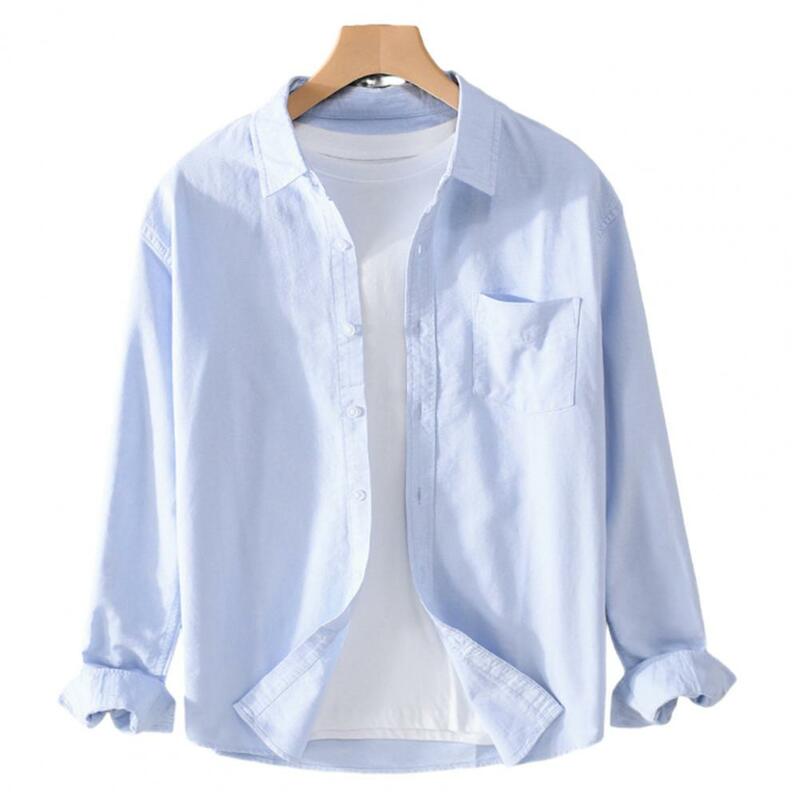Camisa informal de un solo pecho para hombre, camisa de manga larga con solapa de Color sólido, estilo Formal de negocios, Top de oficina suave para otoño