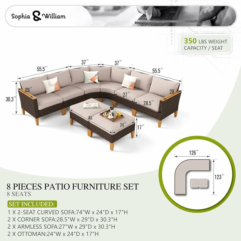Большая полулунная уличная мебель для патио, 8 шт., плетеная мебель с высокой спинкой из ротанга, секционная мебель для патио, набор диванов с отверстиями