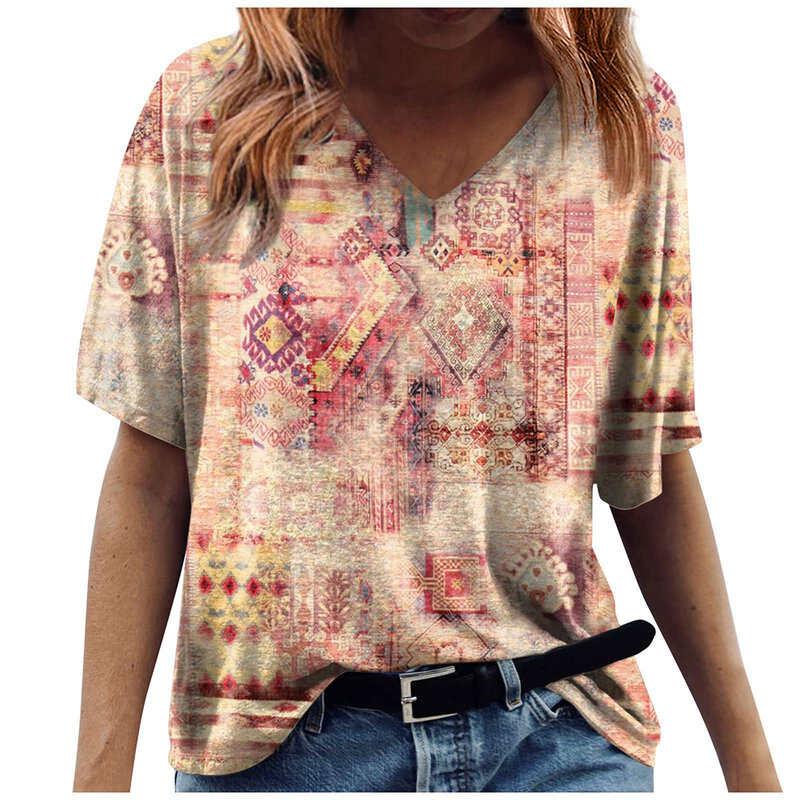 Camiseta vintage de manga curta feminina, decote em v, camiseta estampada com flores, moda casual, coreana, Tops de grandes dimensões, 2023