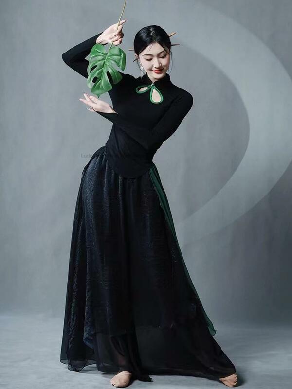 ชุดกี่เพ้าแขนยาวสไตล์จีนชุดกี่เพ้ากางเกงเต้นรำสมัยใหม่สีดำชุดเดรสเต้นรำคลาสสิกใหม่
