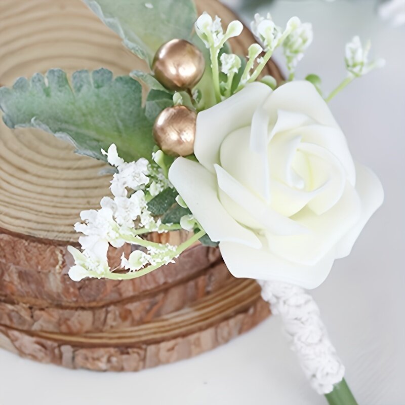1/6 stücke, milchig weiße Vintage Hochzeit Braut und Bräutigam Corsage, Brautjungfer Rose Handgelenk Blumen, Heimkehr Abschluss ball Corsage Blumen