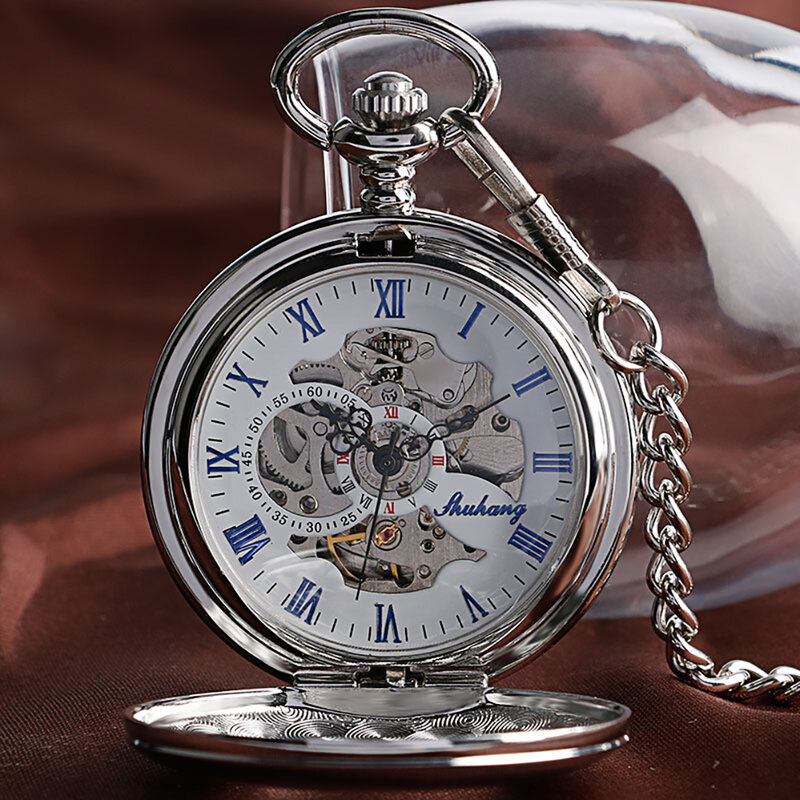 Relógio de bolso mecânico masculino, polimento liso prateado, relógio de bolso automático, movimento automático, presente estilo antigo, meio caçador