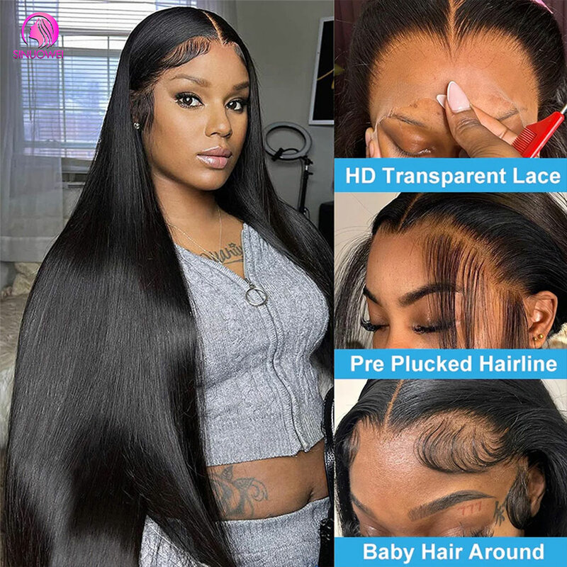 Peluca de cabello humano liso con encaje Frontal para mujer, postizo de 30 y 40 pulgadas de densidad, 13x4, HD, transparente, 220