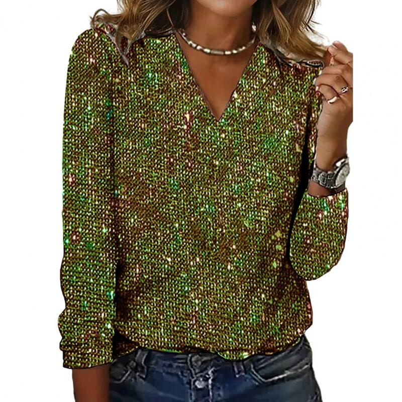 V-neck Blouse Sequin V Neck Long Sleeve Blouse Soft Pullover for Women Breathable Commute Club Party Shirt Sequin Embellished