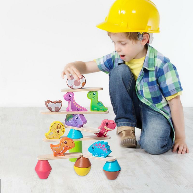 Mainan blok bangunan dinosaurus blok kayu hewan susun mainan belajar pendidikan dini mainan keseimbangan kartun untuk anak-anak
