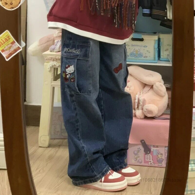 Женская джинсовая одежда Sanrio, Hello Kitty Y2k, модные джинсы с широкими штанинами, уличная одежда, винтажные брюки, женские прямые джинсы с аниме