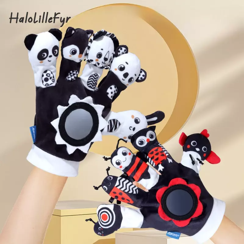 Cute Animal Baby Hand Finger Plush Puppets Early Education Toys For Kids Glove Puppet Toy with Rattle and Mirror Newborn Gifts
